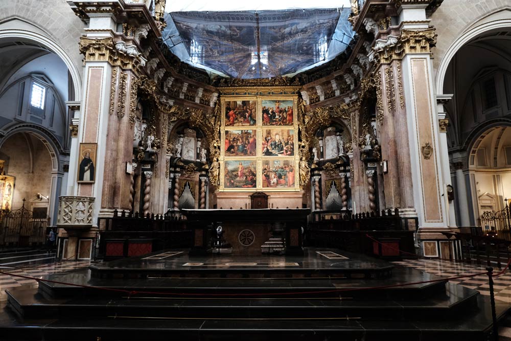 altar in cathedral with painted screen 