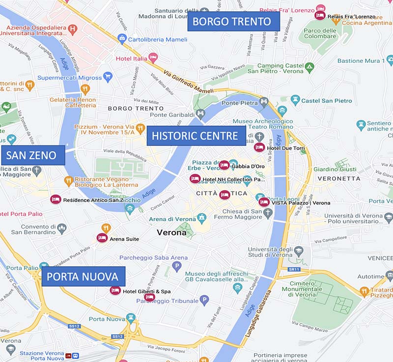 map showing location of the best luxury hotels in verona italy