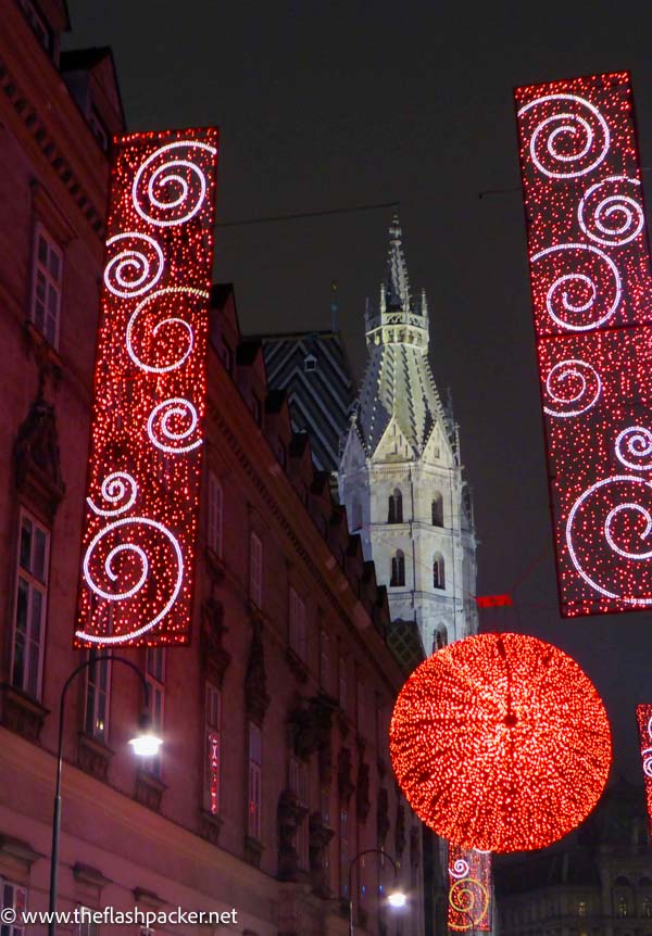 christmas lights in vienna with church spire