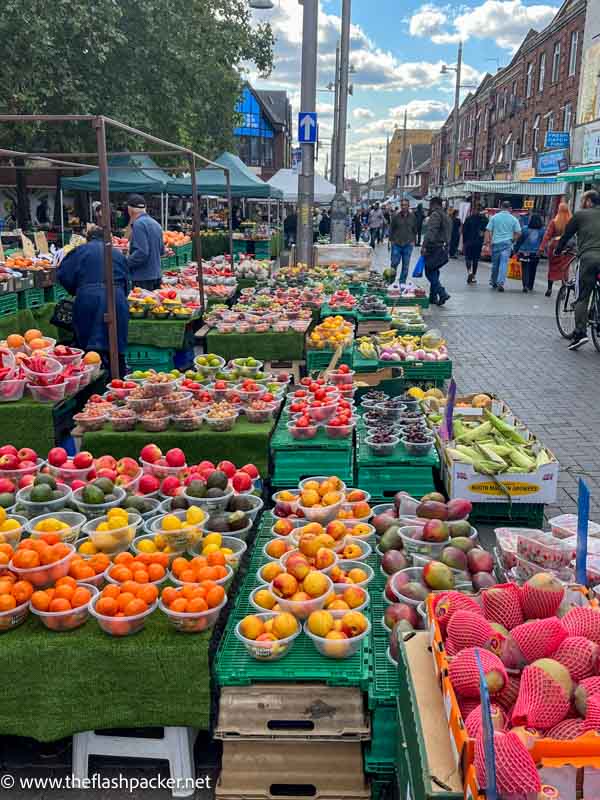 displays of fruit in bowls at walthamstow market