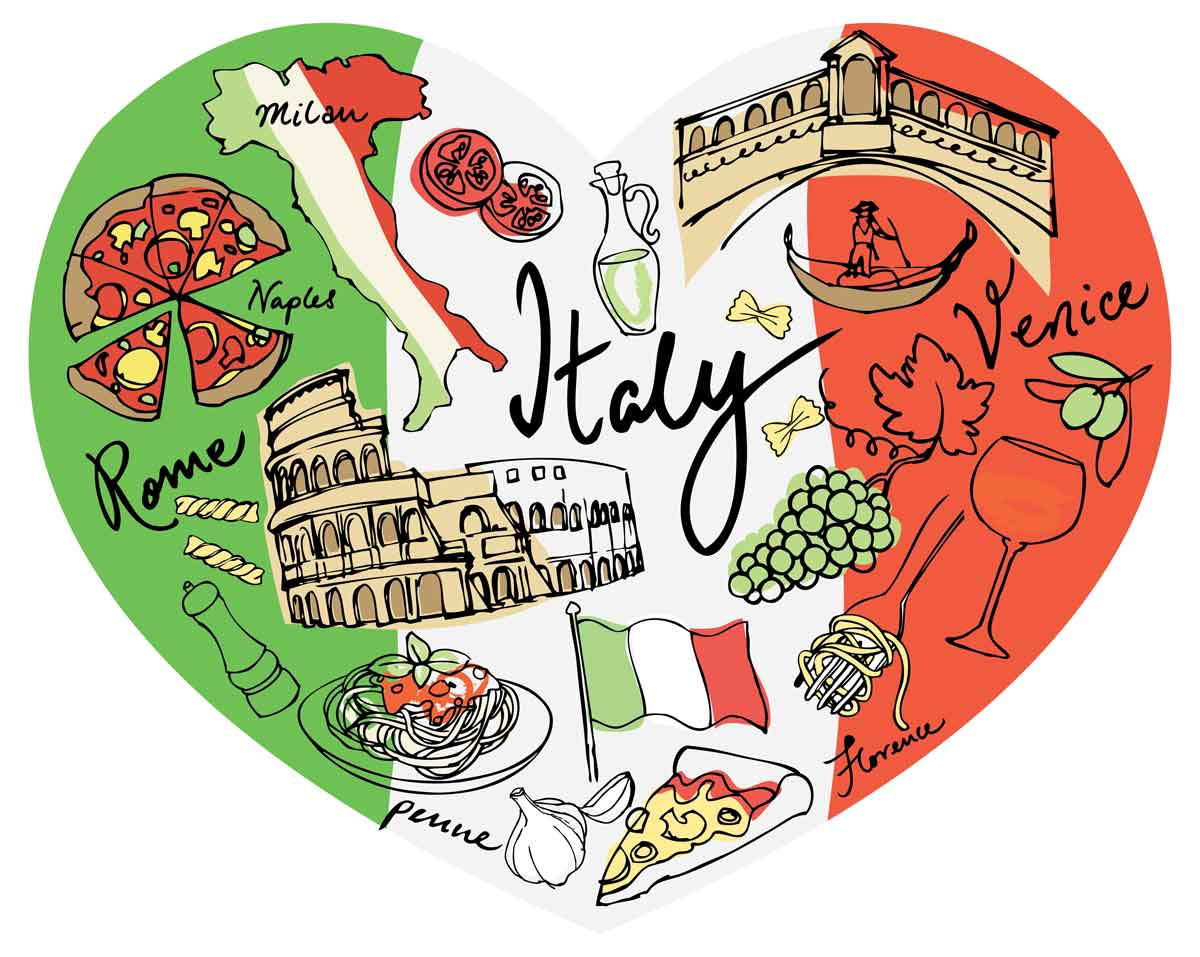 illustration of famous Italian icons depicting what is Italy famous for