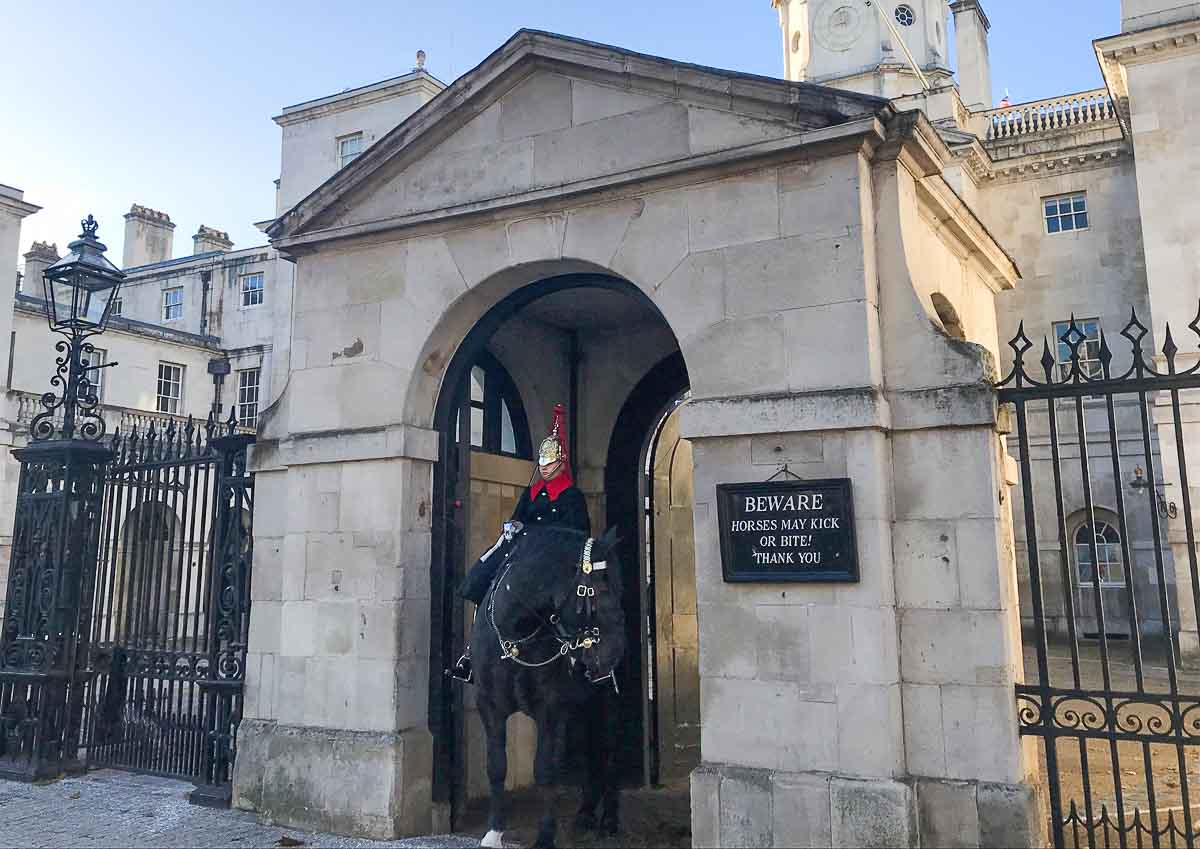 soldier on horseback guarding entrance on whitehall one of londons old streets