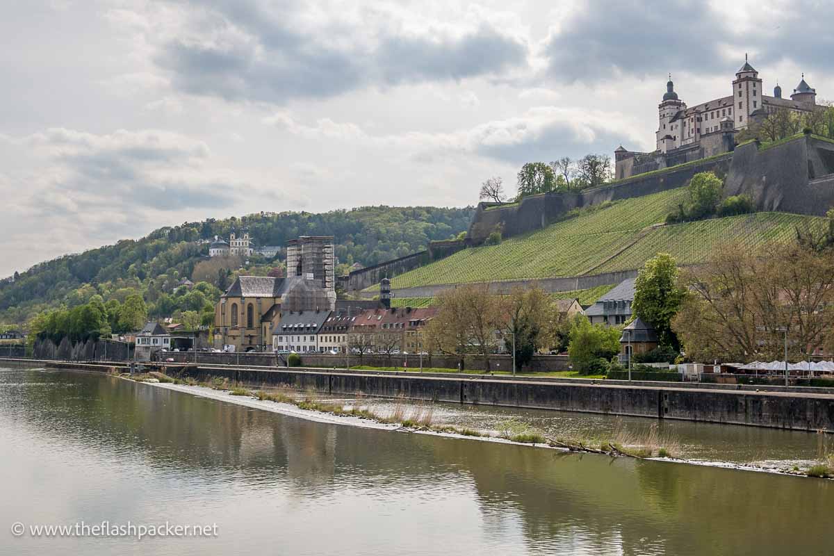 river and vineyards rising up to the marienberg fortress on a hill in wurzburg in germany