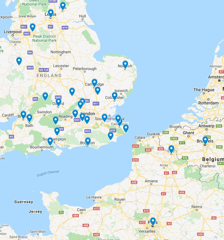 map showing the location of best day trips from London by train