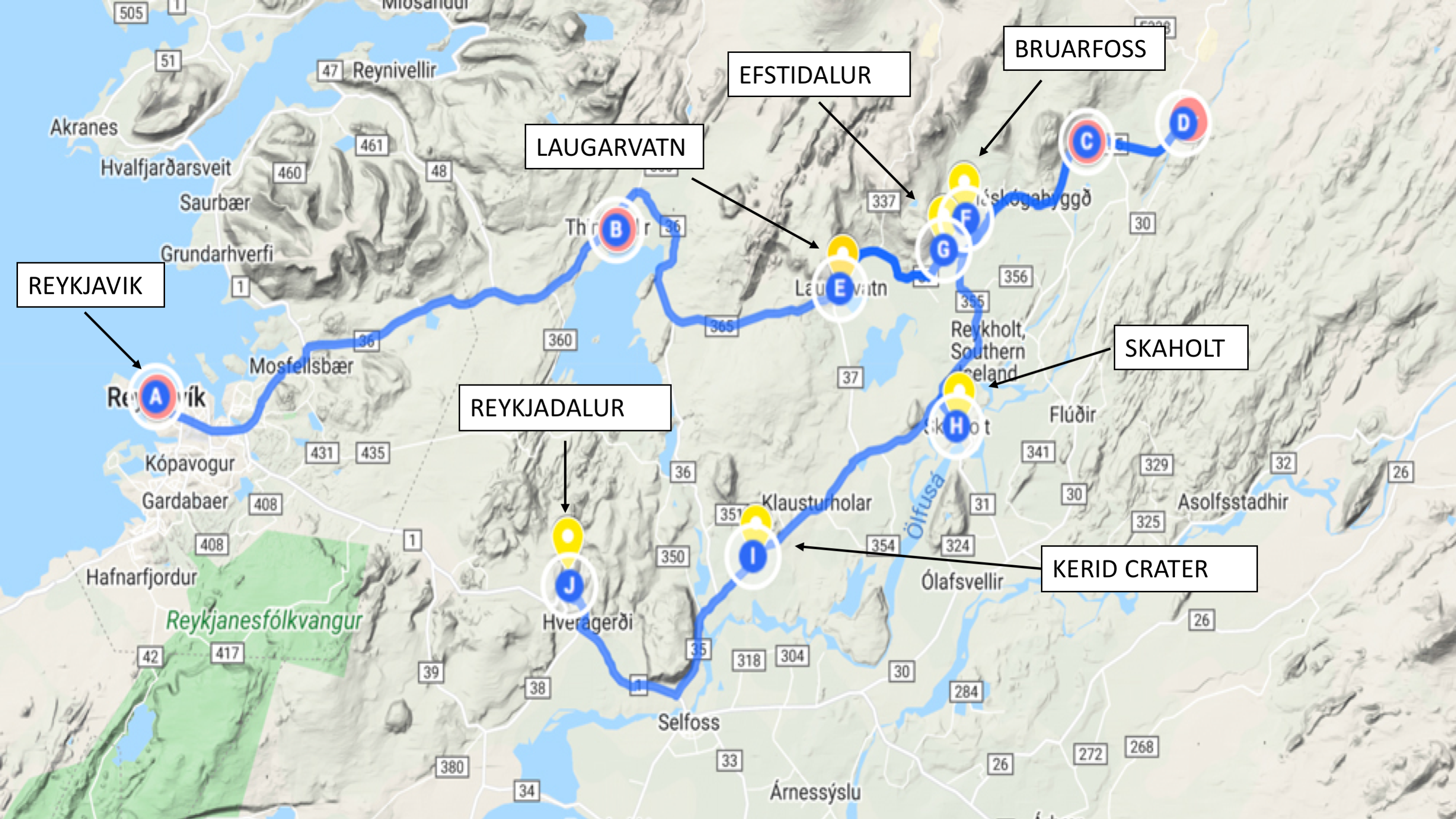 map of popular golden circle stops in iceland