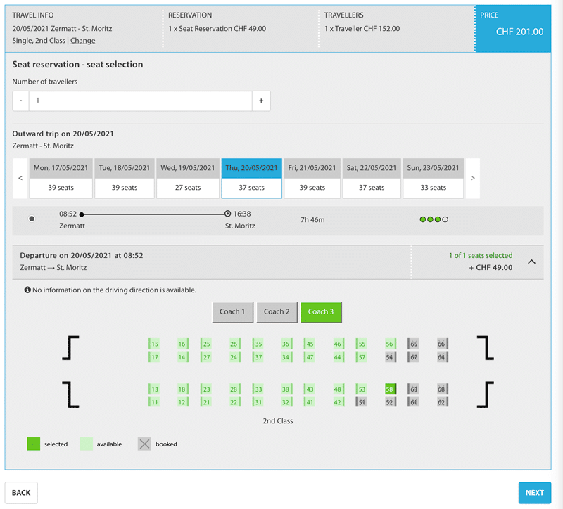 screenshot of glacier express seat reservation